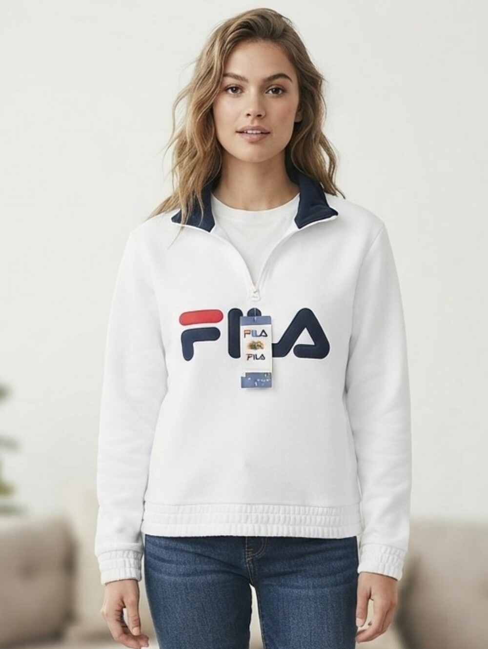 NWT Fila Women's White Navy Logo 1/4 Zip Fleece Pullover Sweatshirt Size L